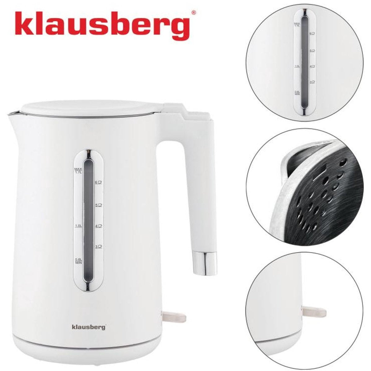 Klausberg KB-7890 Elektrische Waterkoker - 1,7L - Wit - 2200W - RVS & PP - Energiezuinig & Stil