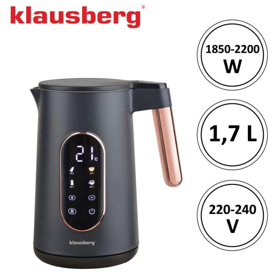 Klausberg KB-7892 Elektrische Waterkoker - 1,7L - Zwart/Rose Goud - LED Bediening - 13 Temperatuurstanden - 2200W