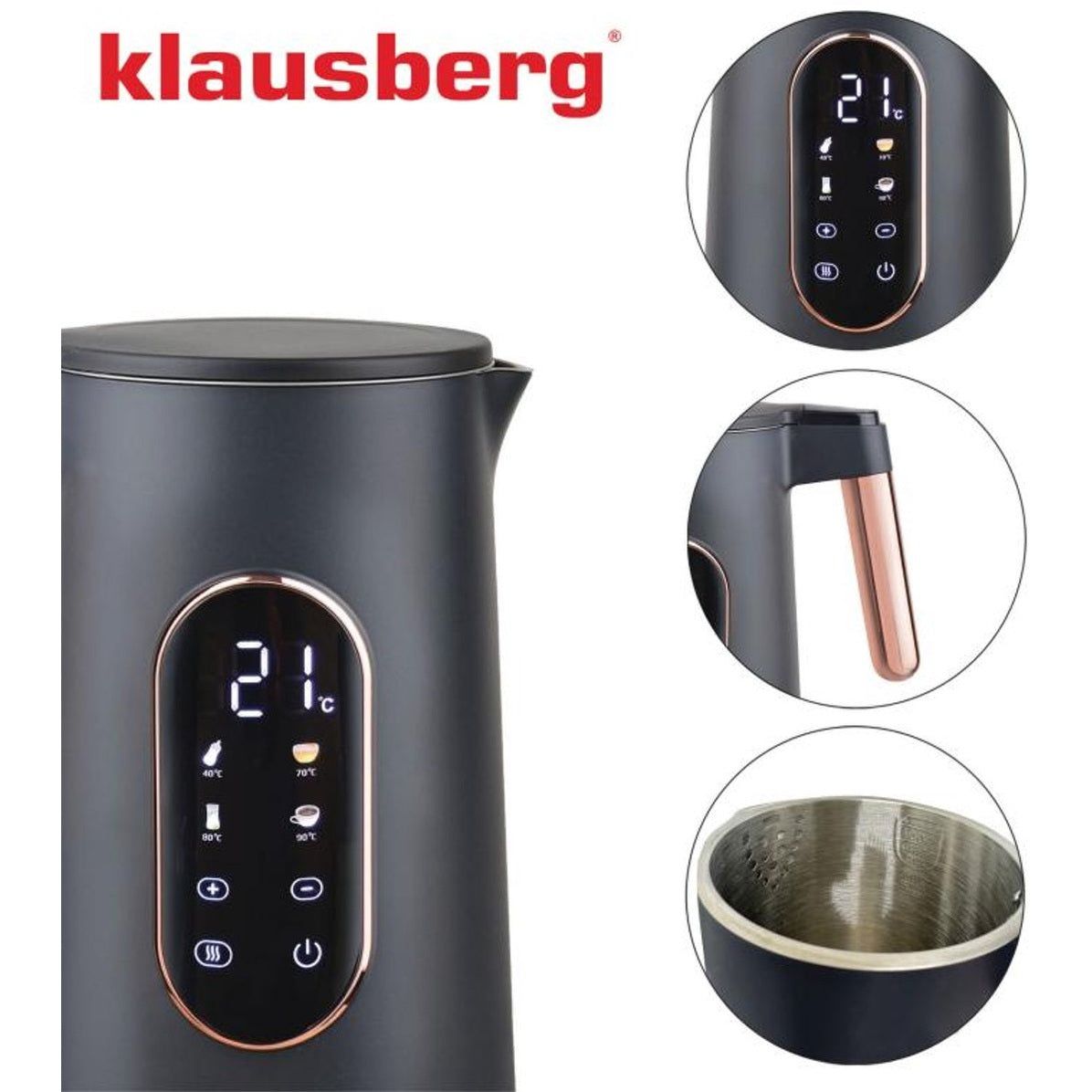 Klausberg KB-7892 Elektrische Waterkoker - 1,7L - Zwart/Rose Goud - LED Bediening - 13 Temperatuurstanden - 2200W