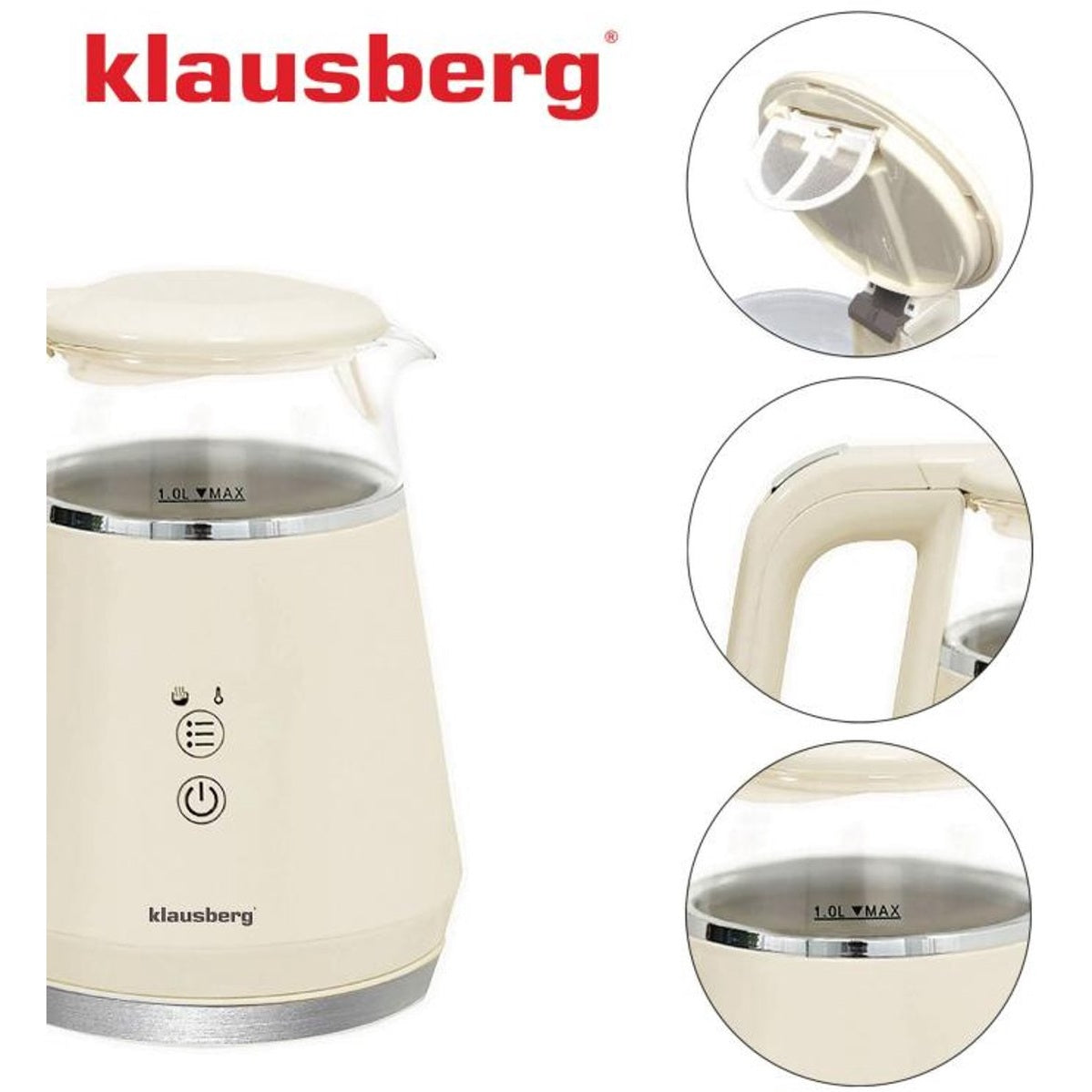 Klausberg KB-7893 Elektrische Waterkoker – 1 Liter, Glazen Ontwerp, LED Bedieningspaneel, 5 Temperatuurstanden, Houd-warmfunctie
