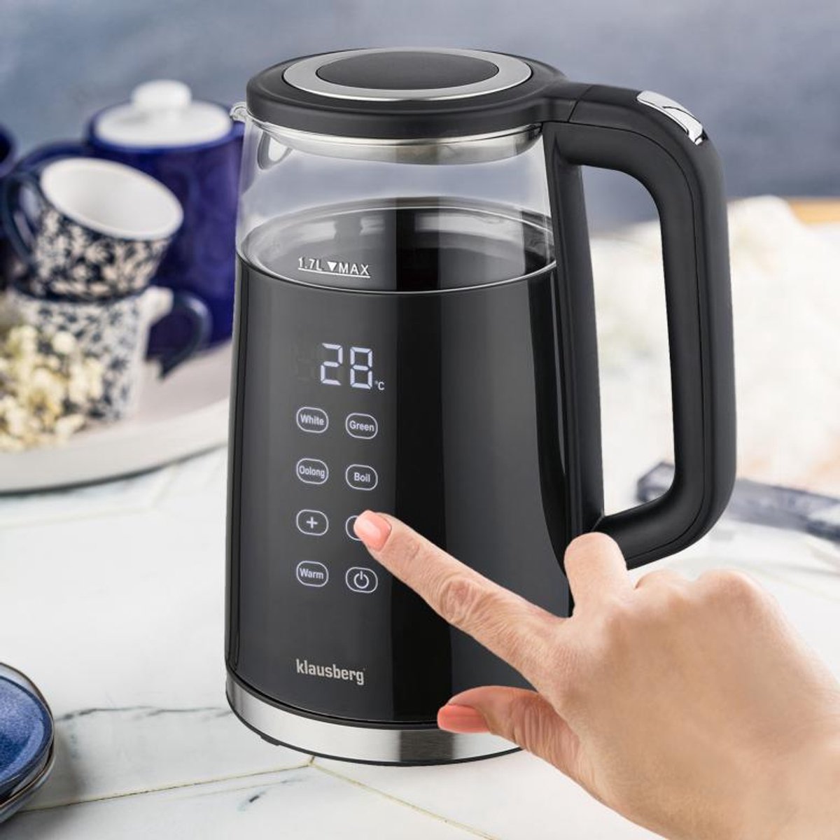 Klausberg KB-7894 Elektrische Waterkoker – 1,7 Liter, Zwart Glas, LED Bedieningspaneel, 13 Temperatuurstanden, Houd-warmfunctie