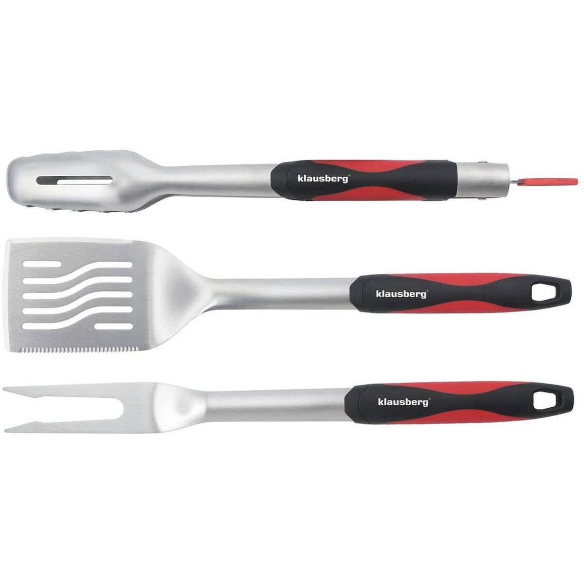 Klausberg KB-7899 Barbecue Set - 3-delige Grillset RVS met Plastic Handvatten (Spatel, Vork & Tang) - Leuke giftset voor de Kamado / Weber liefhebbers!