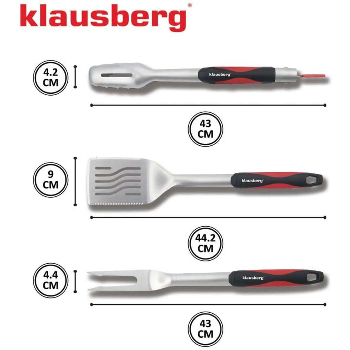 Klausberg KB-7899 Barbecue Set - 3-delige Grillset RVS met Plastic Handvatten (Spatel, Vork & Tang) - Leuke giftset voor de Kamado / Weber liefhebbers!