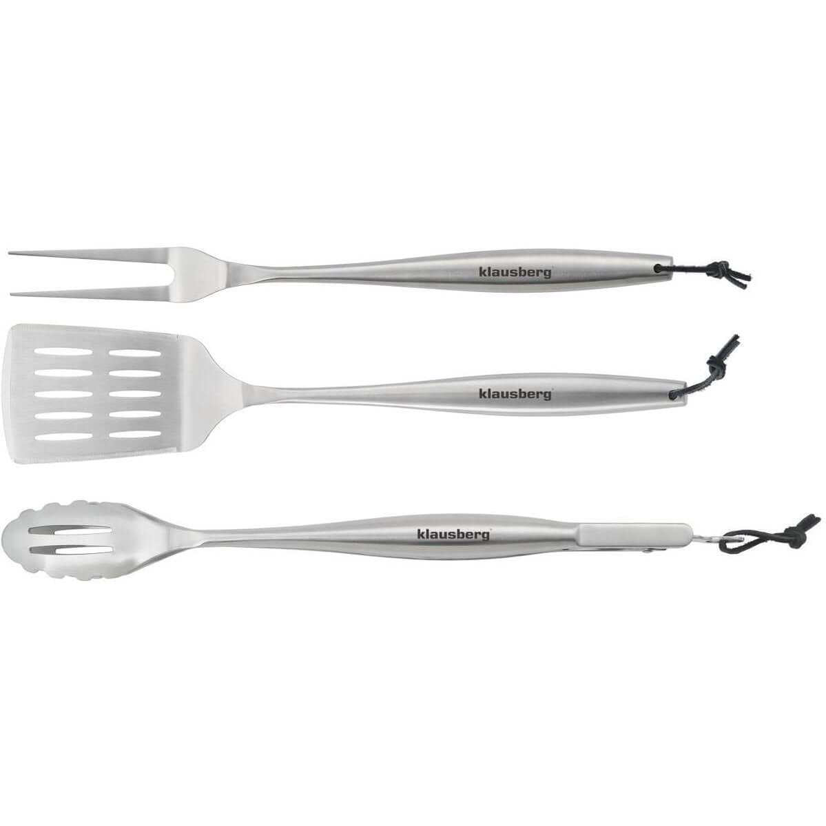 Klausberg KB-7900 Barbecue Set – 3-delige Grillset in RVS (Spatel, Vleesvork & Tang) - Giftset - Geschikt voor de Kamado / Weber liefhebbers