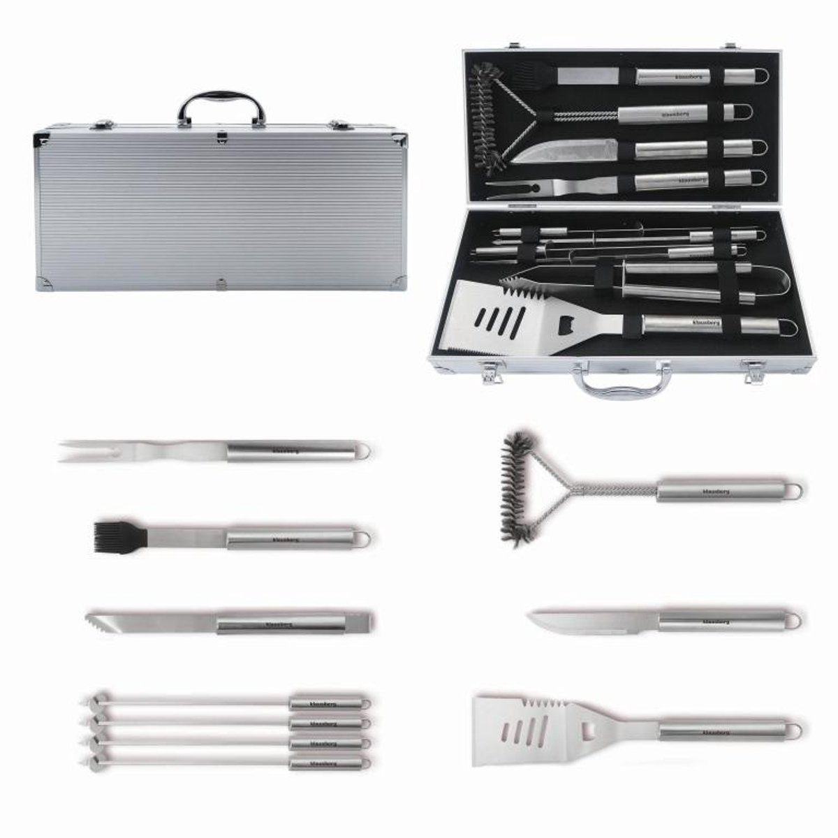 Klausberg KB-7901 Barbecue Set – 10-delige Grillaccessoires in Opbergcase (RVS, Compleet) - BBQ Tangenset - Giftset - BBQ set - Kamado / Gasbarbecue