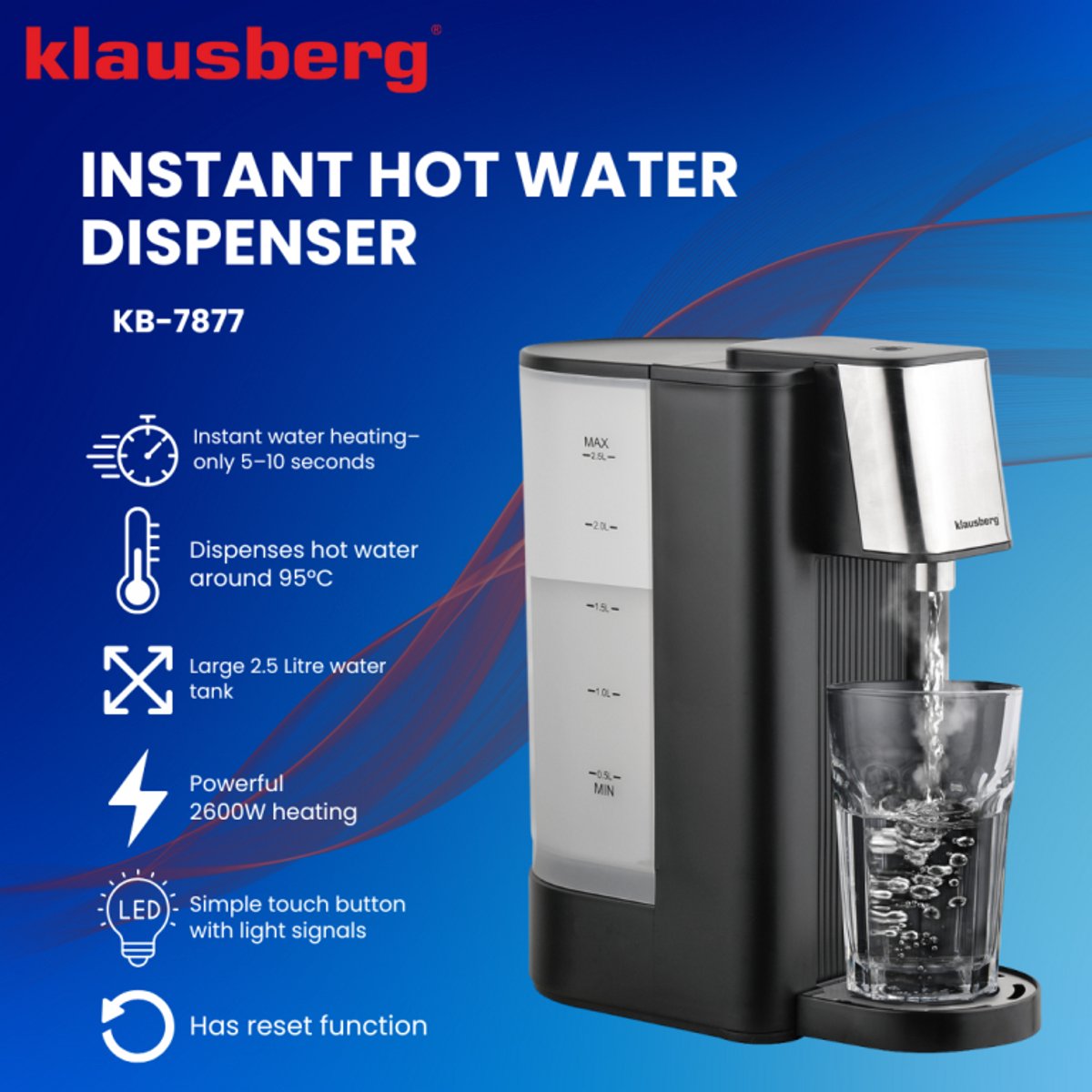 Klausberg KB7877 Hot Water Dispenser – 2,5 Liter – Zwart & RVS – 2600W – Direct kokend water in 5 seconden - Heetwaterdispenser - Waterkoker -