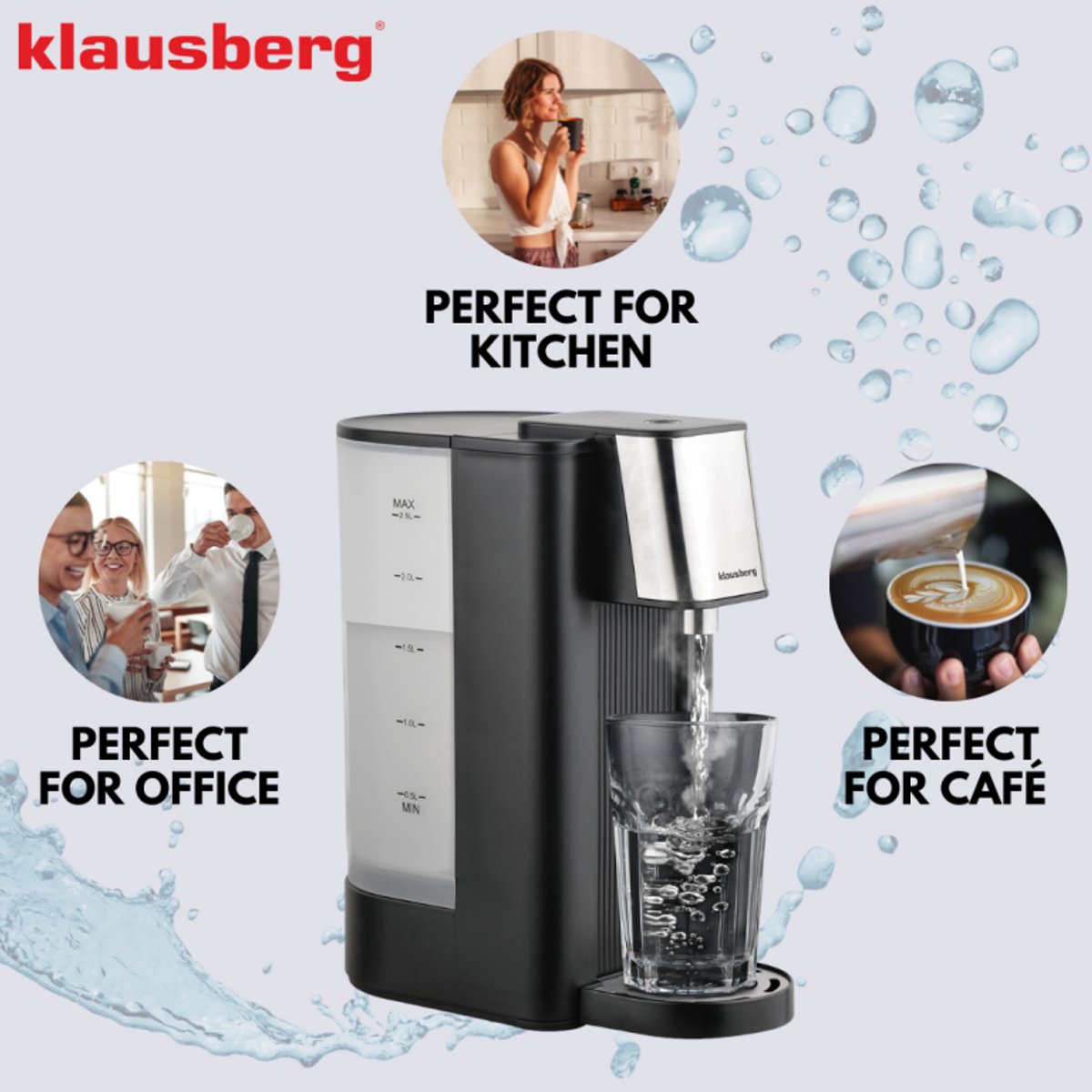 Klausberg KB7877 Hot Water Dispenser – 2,5 Liter – Zwart & RVS – 2600W – Direct kokend water in 5 seconden - Heetwaterdispenser - Waterkoker -