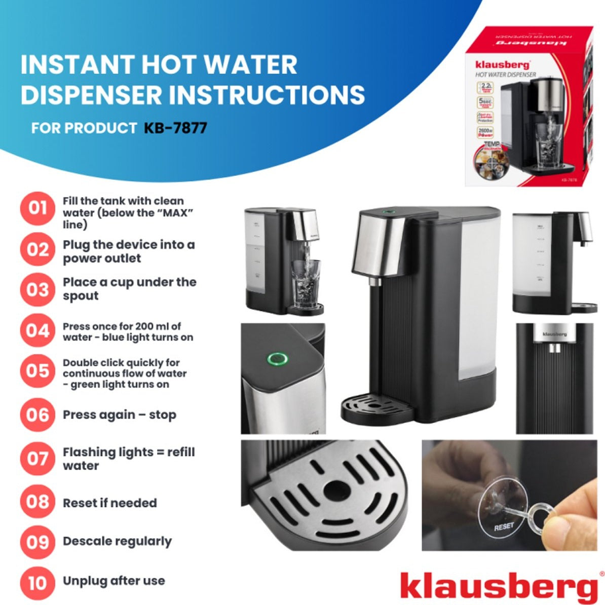 Klausberg KB7877 Hot Water Dispenser – 2,5 Liter – Zwart & RVS – 2600W – Direct kokend water in 5 seconden - Heetwaterdispenser - Waterkoker -
