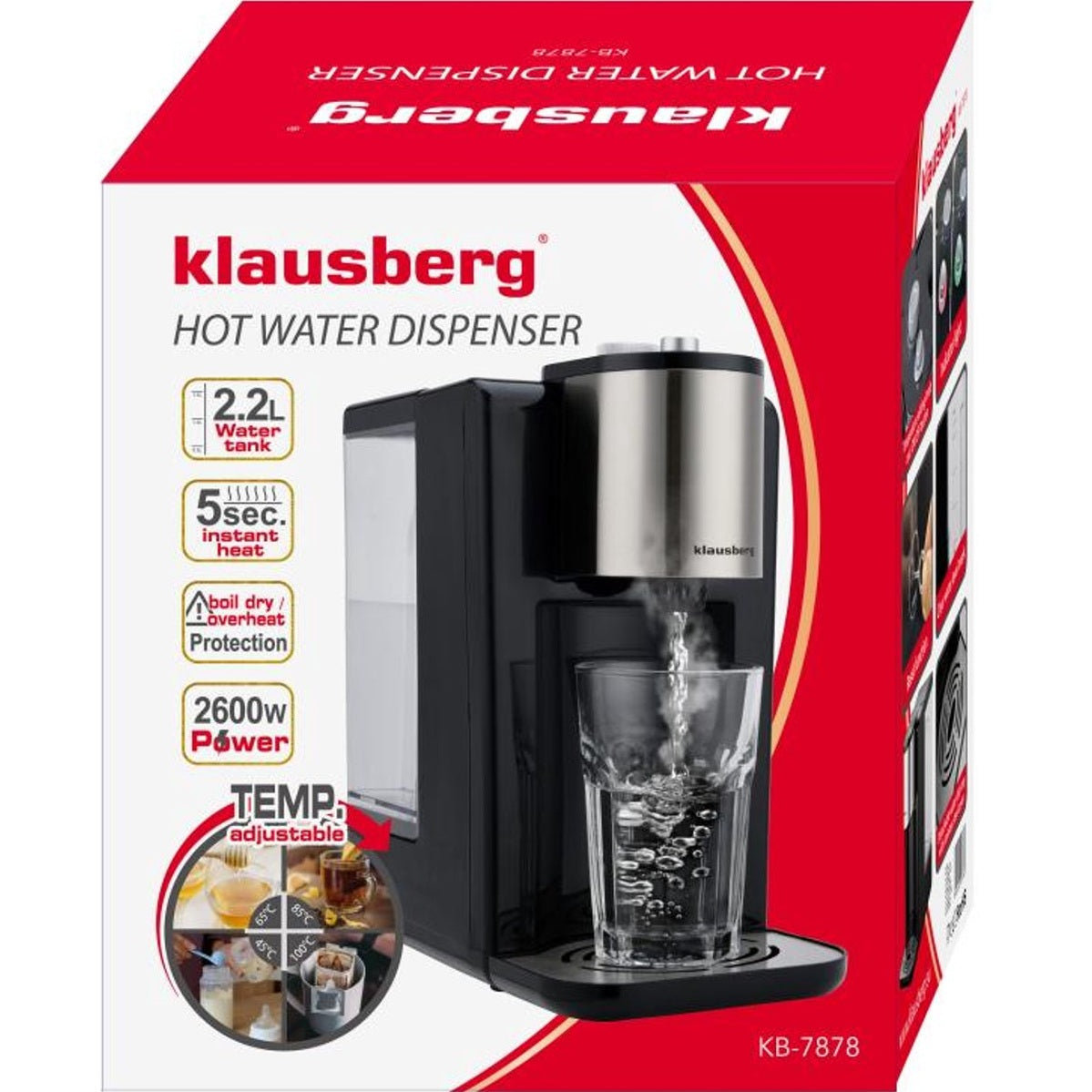 Klausberg KB7878 Hot Water Dispenser – 2,2 Liter – Temperatuurregeling (45-100°C) – Zwart & RVS – 2600W - Heetwaterdispenser