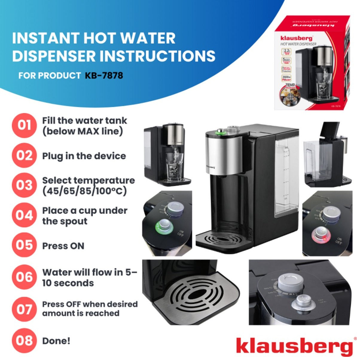 Klausberg KB7878 Hot Water Dispenser – 2,2 Liter – Temperatuurregeling (45-100°C) – Zwart & RVS – 2600W - Heetwaterdispenser