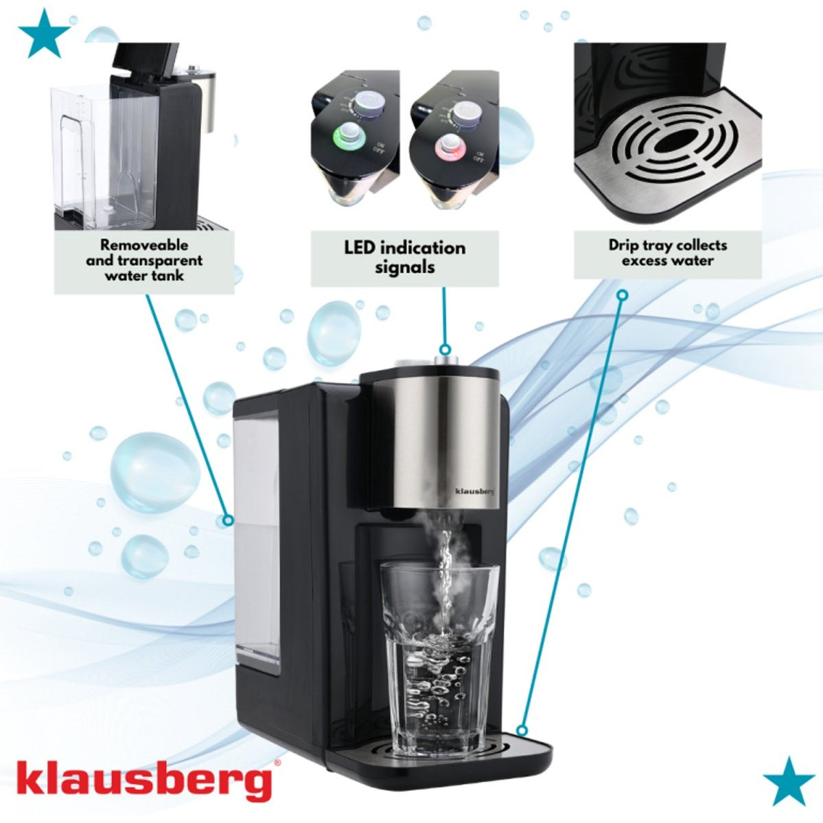 Klausberg KB7878 Hot Water Dispenser – 2,2 Liter – Temperatuurregeling (45-100°C) – Zwart & RVS – 2600W - Heetwaterdispenser