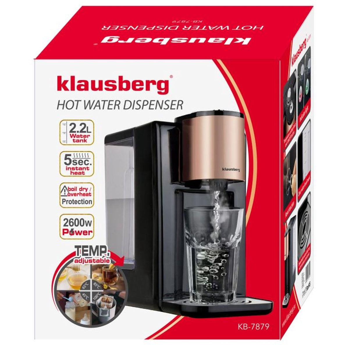 Klausberg KB7879 Hot Water Dispenser – 2,2 Liter – Temperatuurregeling (45-100°C) – Zwart & Rose Gold – 2600W - Heetwaterdispenser