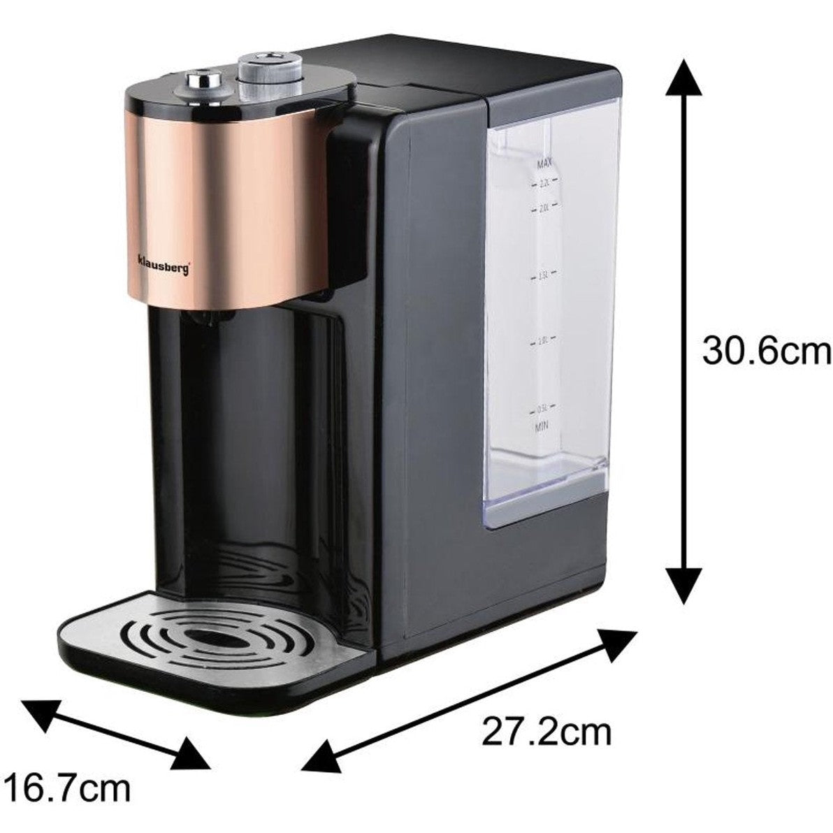 Klausberg KB7879 Hot Water Dispenser – 2,2 Liter – Temperatuurregeling (45-100°C) – Zwart & Rose Gold – 2600W - Heetwaterdispenser