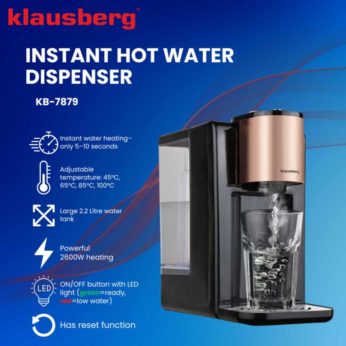 Klausberg KB7879 Hot Water Dispenser – 2,2 Liter – Temperatuurregeling (45-100°C) – Zwart & Rose Gold – 2600W - Heetwaterdispenser
