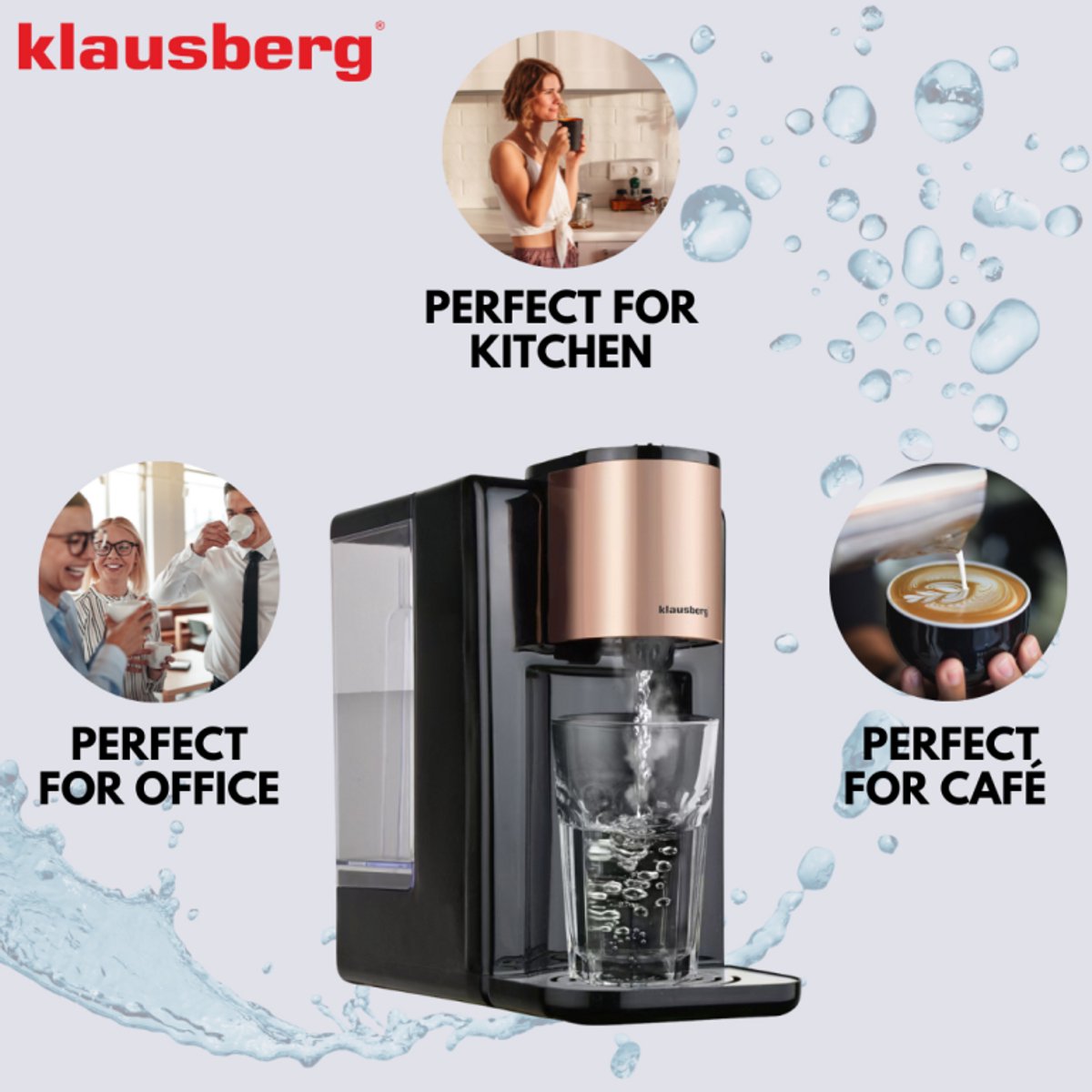 Klausberg KB7879 Hot Water Dispenser – 2,2 Liter – Temperatuurregeling (45-100°C) – Zwart & Rose Gold – 2600W - Heetwaterdispenser