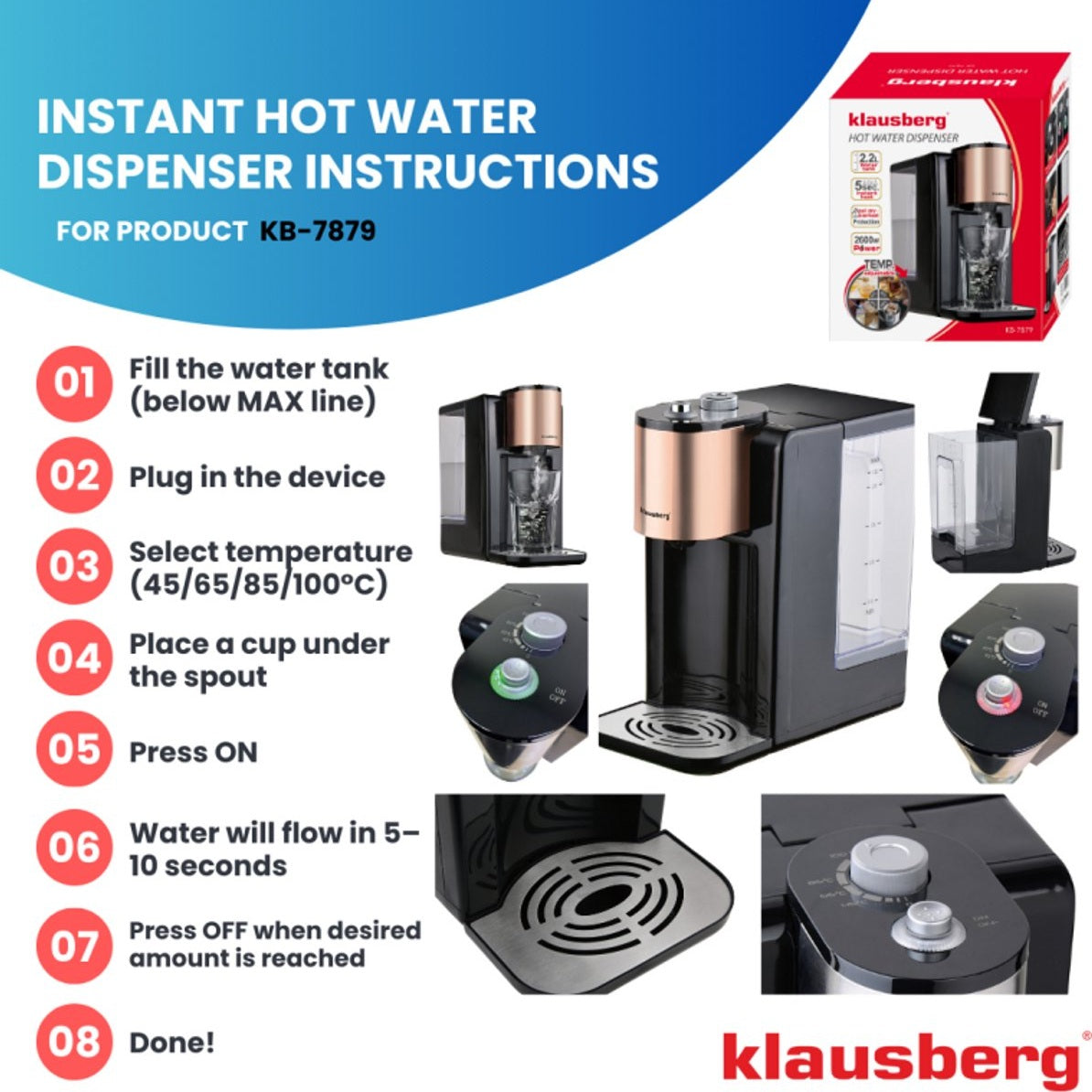 Klausberg KB7879 Hot Water Dispenser – 2,2 Liter – Temperatuurregeling (45-100°C) – Zwart & Rose Gold – 2600W - Heetwaterdispenser