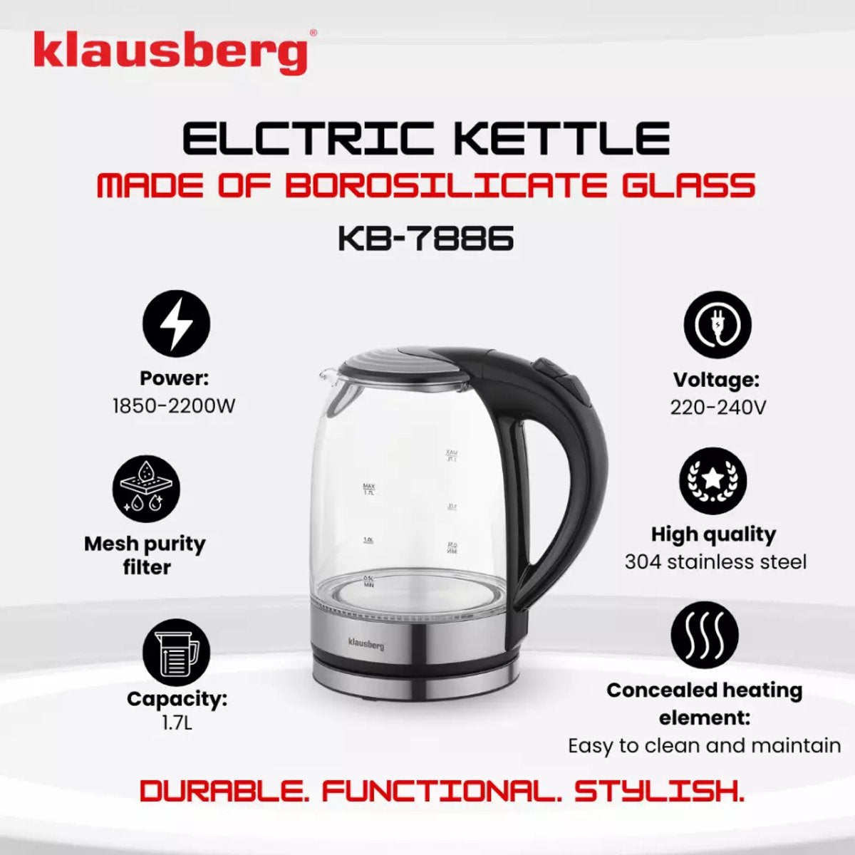 Klausberg KB7886 Elektrische Waterkoker - 1.7L, 1800W, Borosilicaatglas & RVS 304, LED Verlichting, 360° Draaibare Basis
