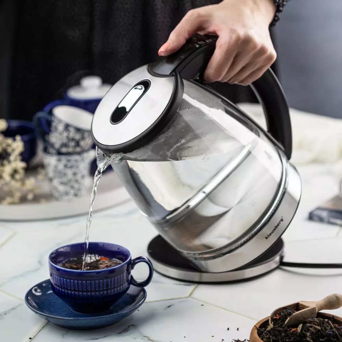 Klausberg KB7887 Elektrische Waterkoker – 1.8L, 1850-2200W, Borosilicaatglas & RVS 304, RGB LED, Temperatuurregeling - Kleur verandering door warmte