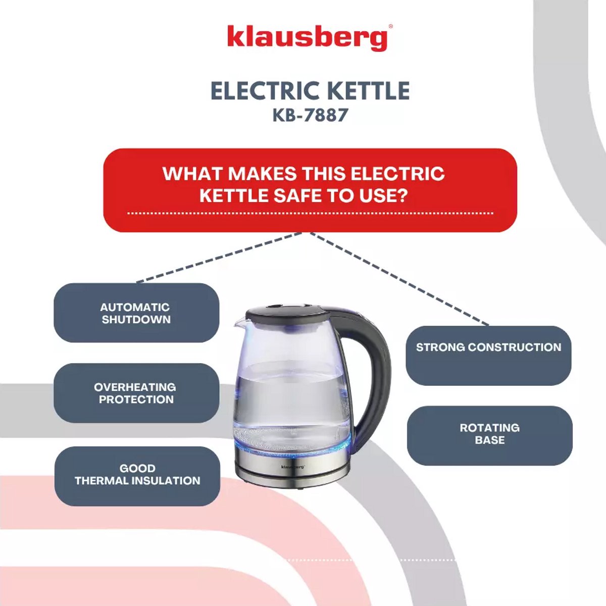 Klausberg KB7887 Elektrische Waterkoker – 1.8L, 1850-2200W, Borosilicaatglas & RVS 304, RGB LED, Temperatuurregeling - Kleur verandering door warmte