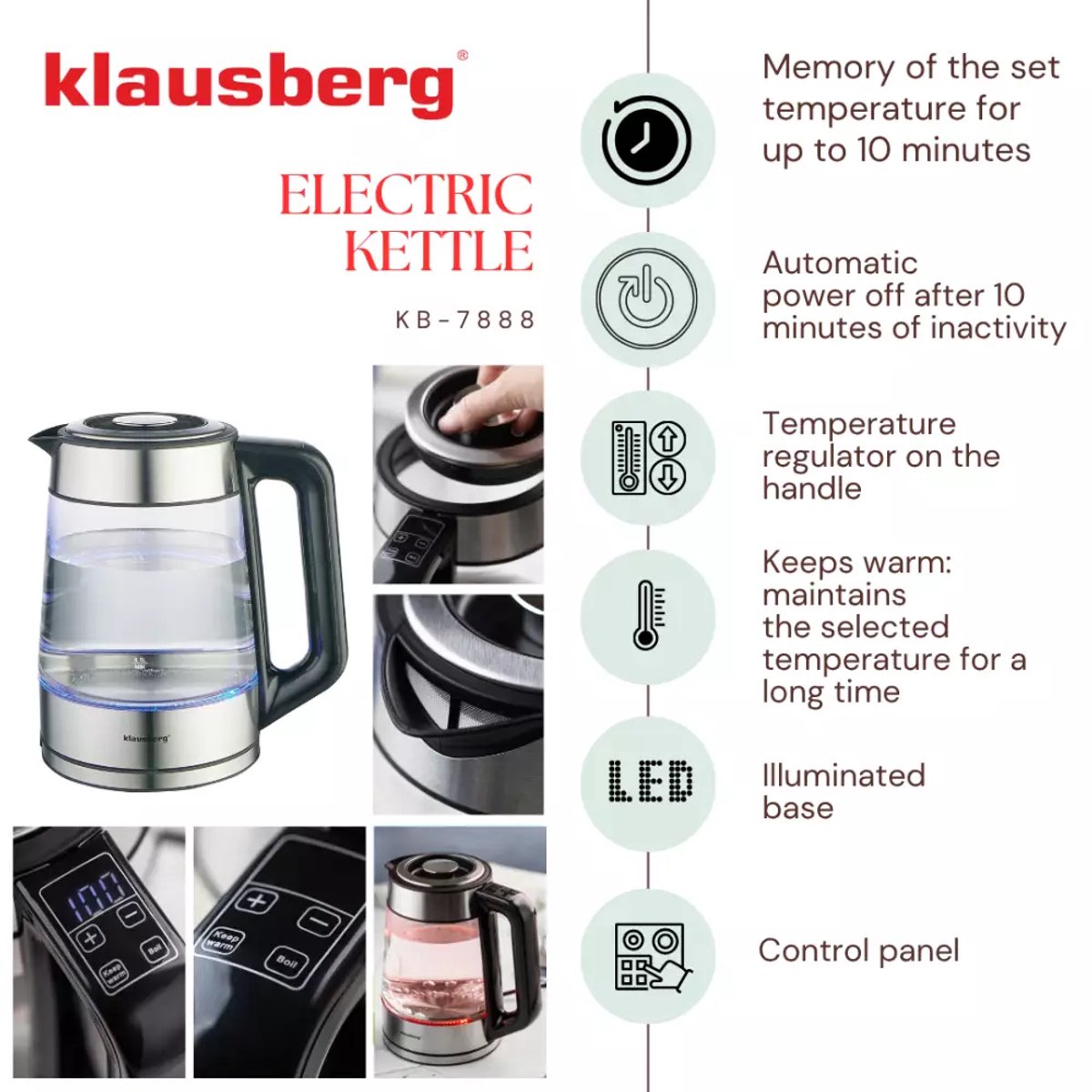 Klausberg KB7888 Elektrische Waterkoker – 1.7L, 1850-2200W, Borosilicaatglas & RVS 304, RGB LED, Temperatuurregeling - 40 tot 100 graden