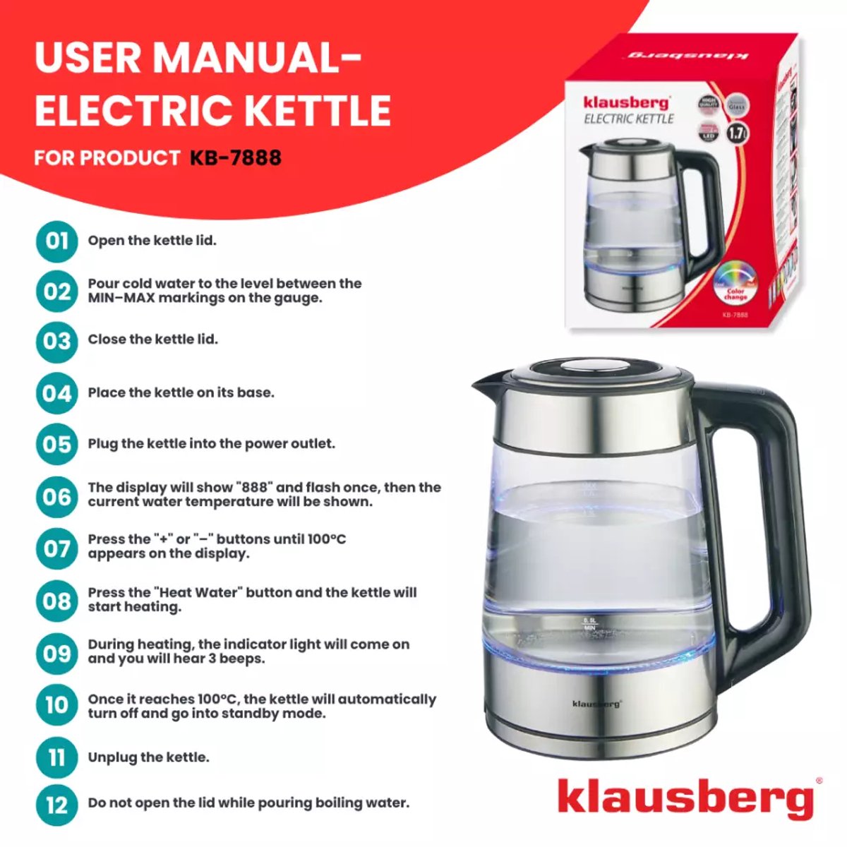 Klausberg KB7888 Elektrische Waterkoker – 1.7L, 1850-2200W, Borosilicaatglas & RVS 304, RGB LED, Temperatuurregeling - 40 tot 100 graden