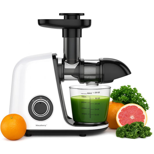 Klausberg Slow Juicer – 150W - 700ml | Cold Press | Groenten en Fruitpers – Met Pulpreservoir | Wit | Stille Horizontale Juicer met 7-Traps Perssysteem