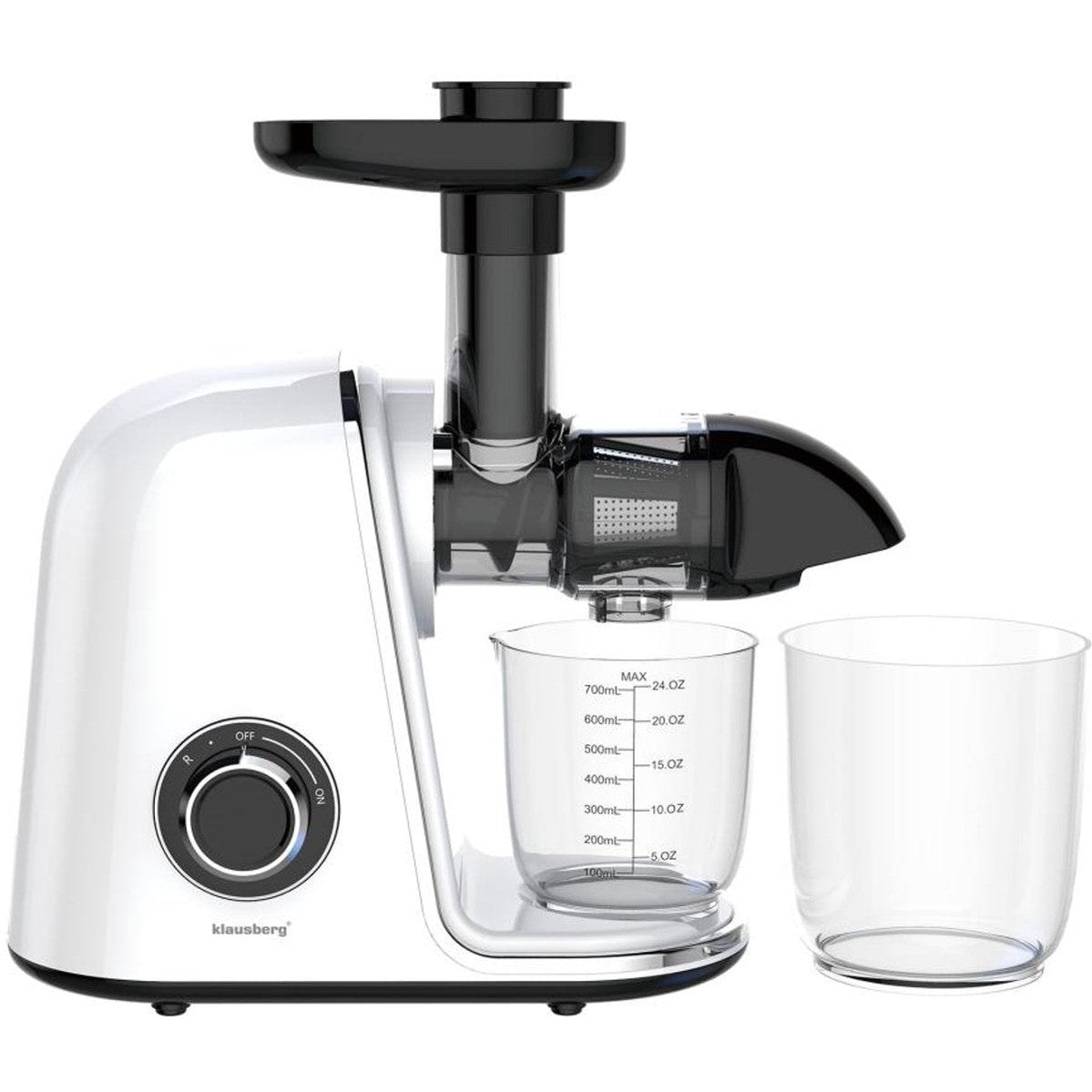 Klausberg Slow Juicer – 150W - 700ml | Cold Press | Groenten en Fruitpers – Met Pulpreservoir | Wit | Stille Horizontale Juicer met 7-Traps Perssysteem