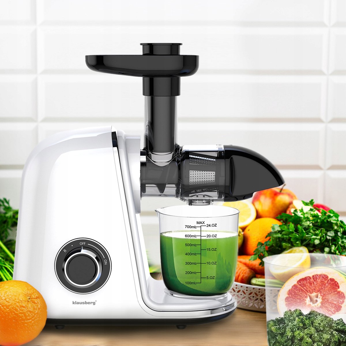 Klausberg Slow Juicer – 150W - 700ml | Cold Press | Groenten en Fruitpers – Met Pulpreservoir | Wit | Stille Horizontale Juicer met 7-Traps Perssysteem