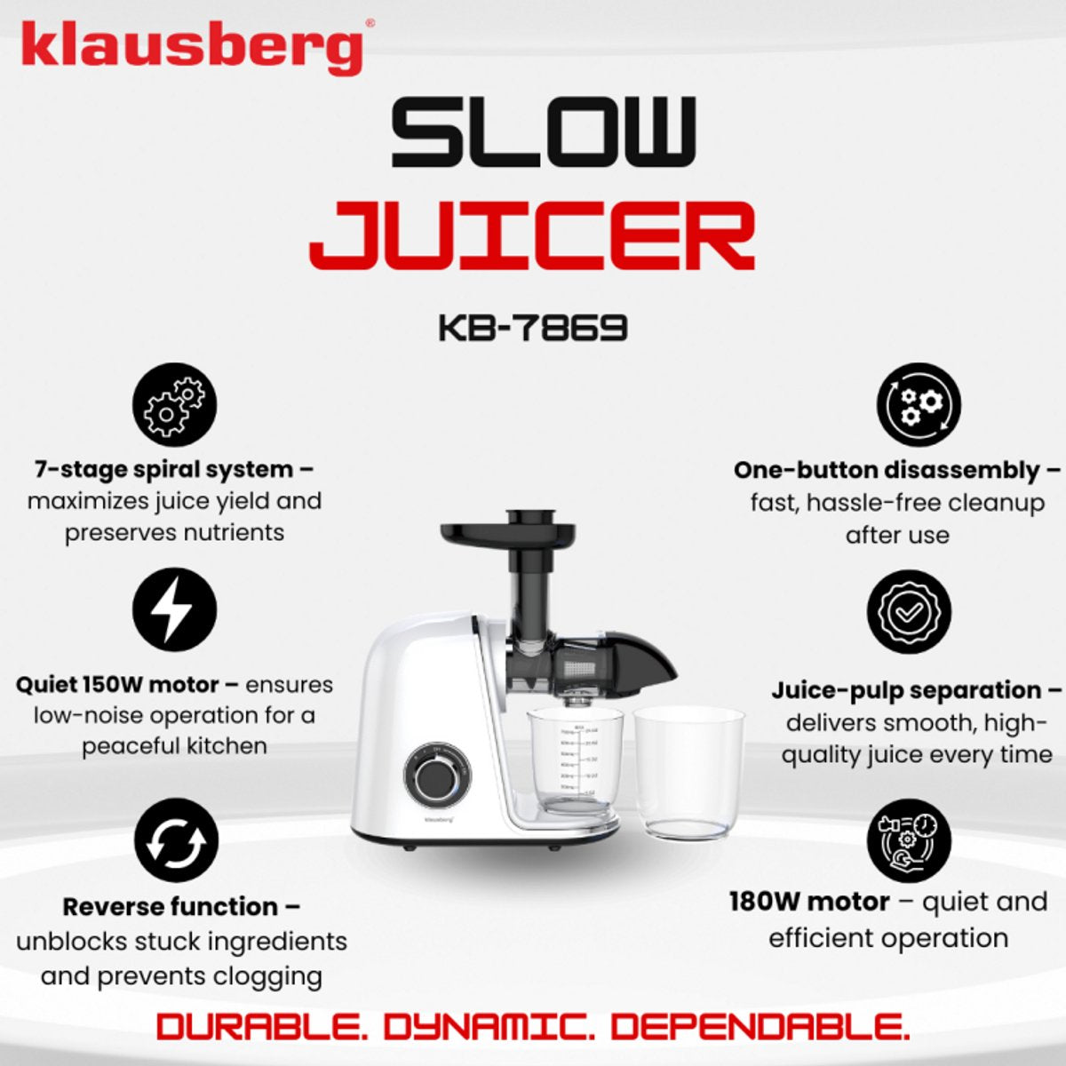 Klausberg Slow Juicer – 150W - 700ml | Cold Press | Groenten en Fruitpers – Met Pulpreservoir | Wit | Stille Horizontale Juicer met 7-Traps Perssysteem