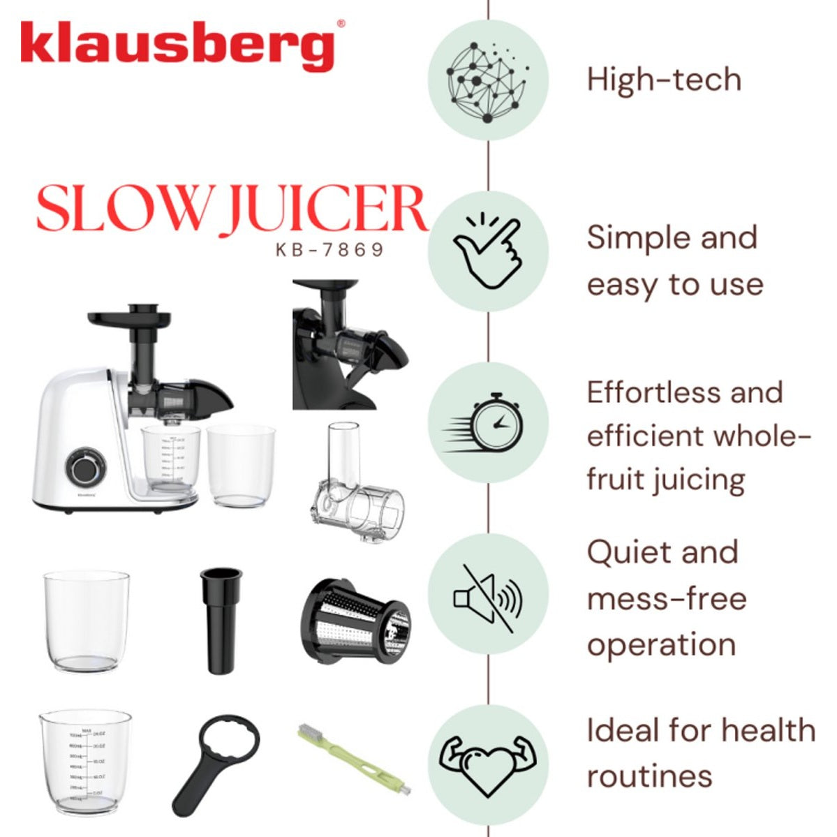 Klausberg Slow Juicer – 150W - 700ml | Cold Press | Groenten en Fruitpers – Met Pulpreservoir | Wit | Stille Horizontale Juicer met 7-Traps Perssysteem