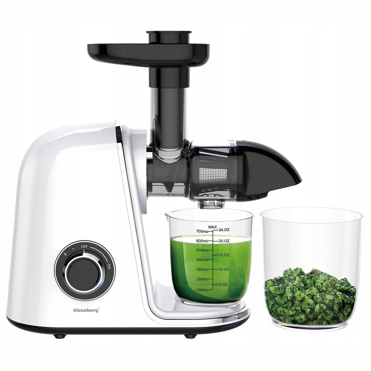 Klausberg Slow Juicer – 150W - 700ml | Cold Press | Groenten en Fruitpers – Met Pulpreservoir | Wit | Stille Horizontale Juicer met 7-Traps Perssysteem