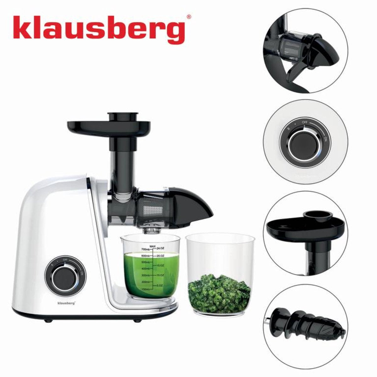 Klausberg Slow Juicer – 150W - 700ml | Cold Press | Groenten en Fruitpers – Met Pulpreservoir | Wit | Stille Horizontale Juicer met 7-Traps Perssysteem
