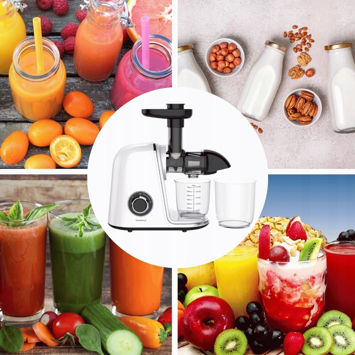 Klausberg Slow Juicer – 150W - 700ml | Cold Press | Groenten en Fruitpers – Met Pulpreservoir | Wit | Stille Horizontale Juicer met 7-Traps Perssysteem