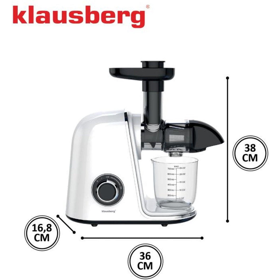 Klausberg Slow Juicer – 150W - 700ml | Cold Press | Groenten en Fruitpers – Met Pulpreservoir | Wit | Stille Horizontale Juicer met 7-Traps Perssysteem