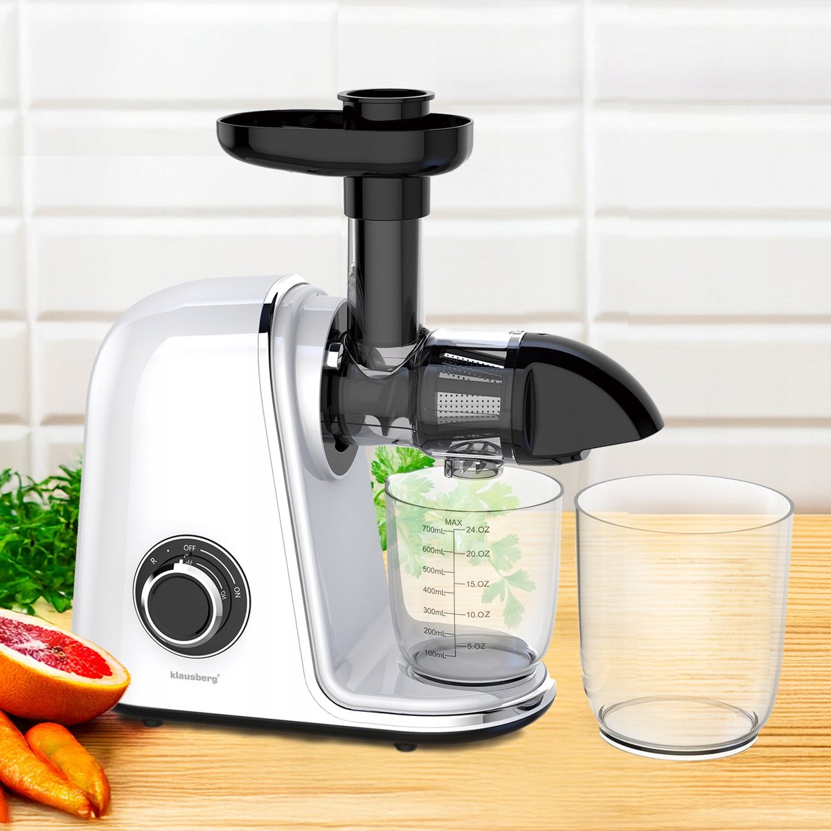 Klausberg Slow Juicer – 150W - 700ml | Cold Press | Groenten en Fruitpers – Met Pulpreservoir | Wit | Stille Horizontale Juicer met 7-Traps Perssysteem
