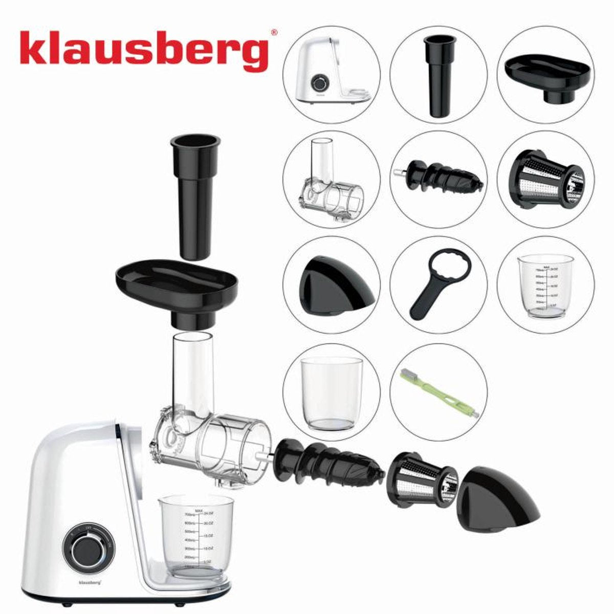Klausberg Slow Juicer – 150W - 700ml | Cold Press | Groenten en Fruitpers – Met Pulpreservoir | Wit | Stille Horizontale Juicer met 7-Traps Perssysteem