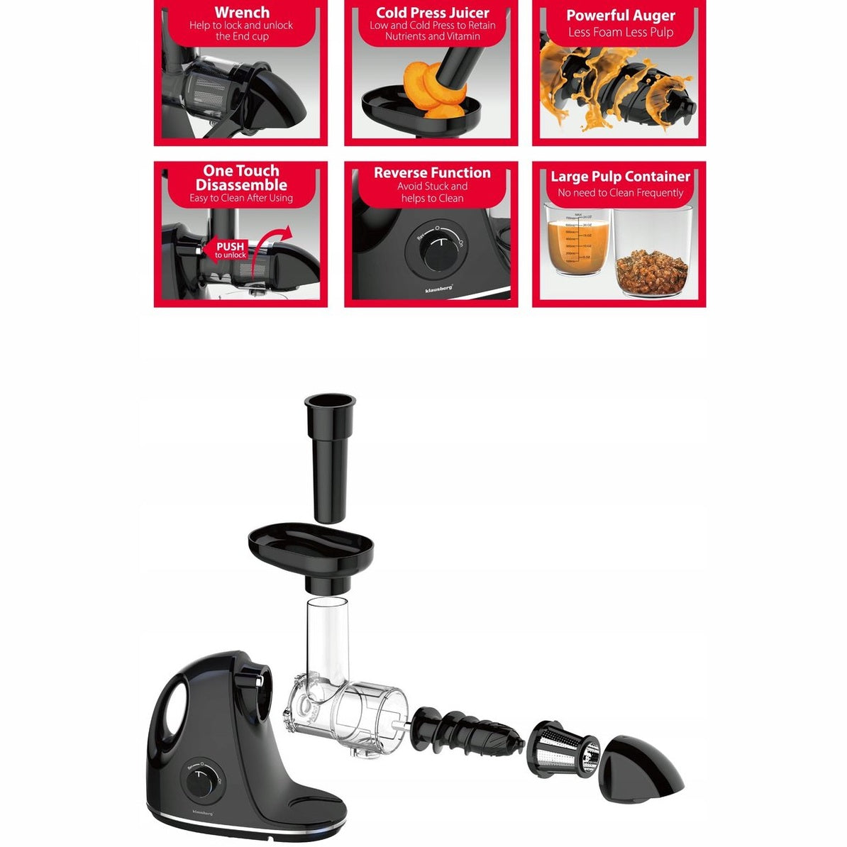 Klausberg Slow Juicer KB-7861 – 150W | Cold Press | Stille Juicer voor Groente, Fruit & Kruiden – BPA-vrij – Zwart - 700ml