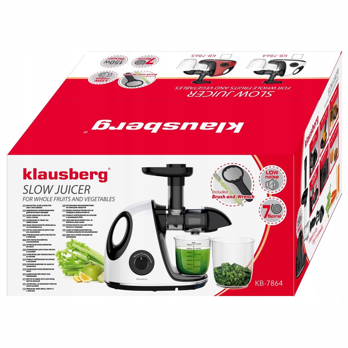 Klausberg Slow Juicer KB-7864 – 150W | Cold Press | Stille Juicer - Groenten en Fruitpers – Met Pulpreservoir - Juice Maker - Wit
