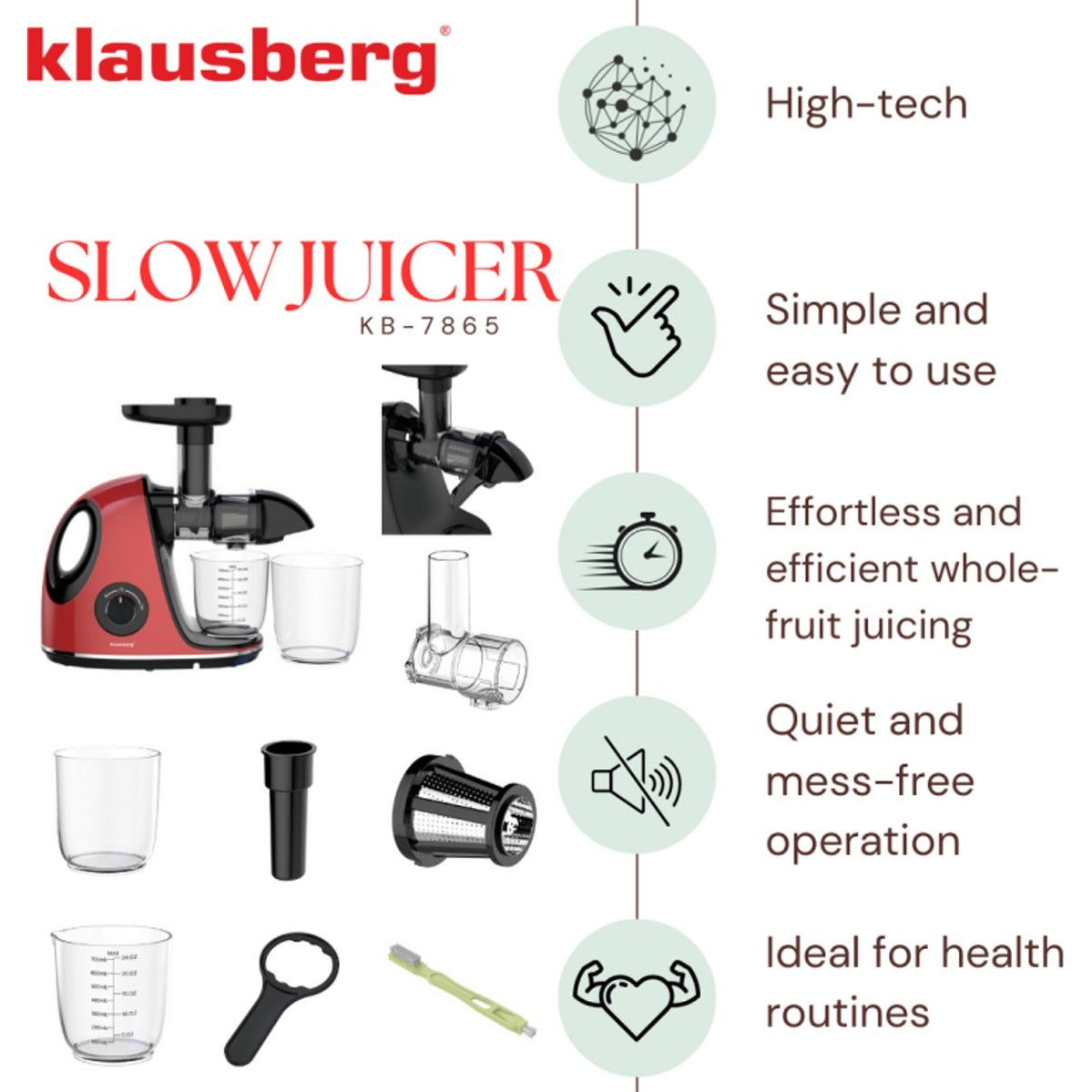 Klausberg Slow Juicer KB-7865 met pulpreservoir – 150W | Stille Juicer voor Groente, Fruit & Kruiden – BPA-vrij – Kersenrood - 700ml