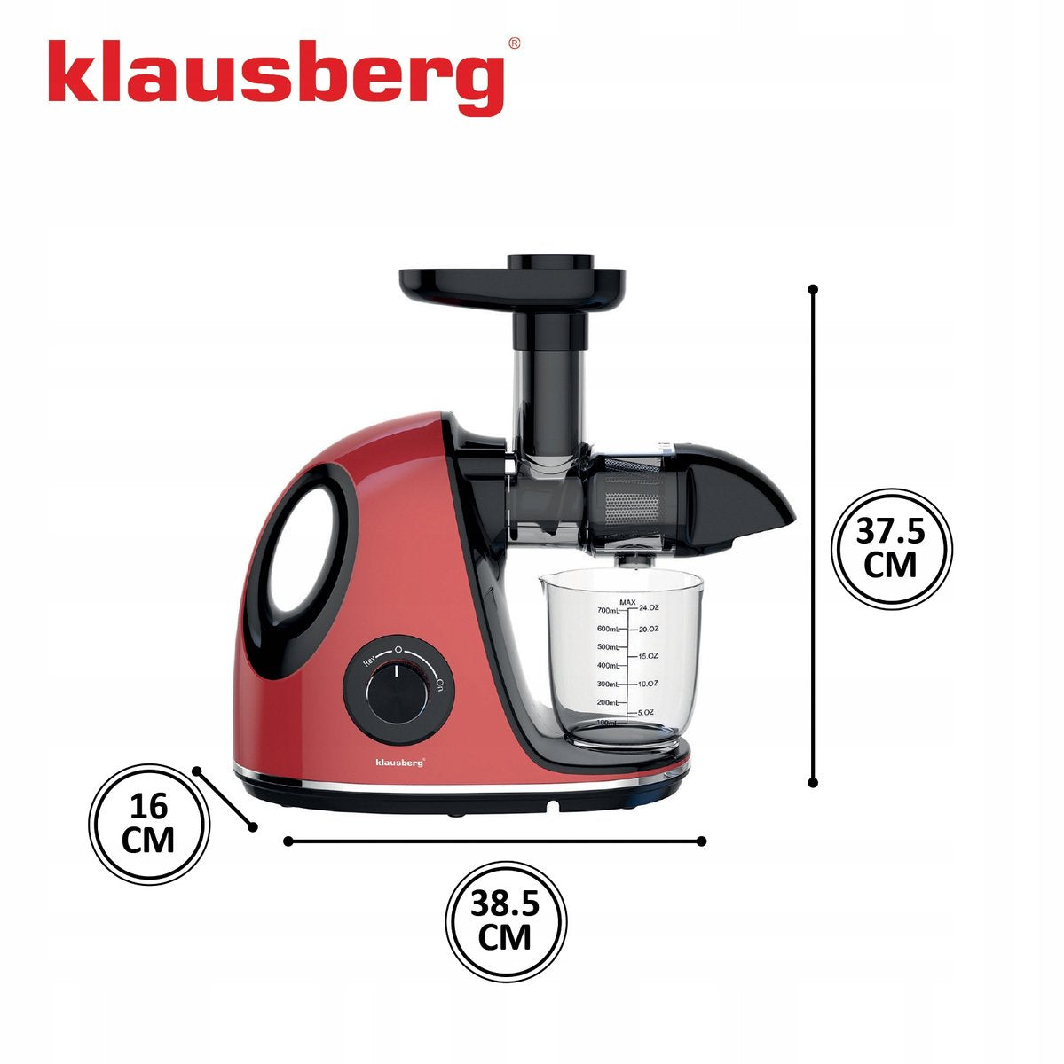 Klausberg Slow Juicer KB-7865 met pulpreservoir – 150W | Stille Juicer voor Groente, Fruit & Kruiden – BPA-vrij – Kersenrood - 700ml