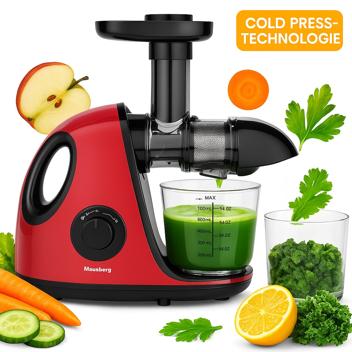 Klausberg Slow Juicer KB-7865 met pulpreservoir – 150W | Stille Juicer voor Groente, Fruit & Kruiden – BPA-vrij – Kersenrood - 700ml