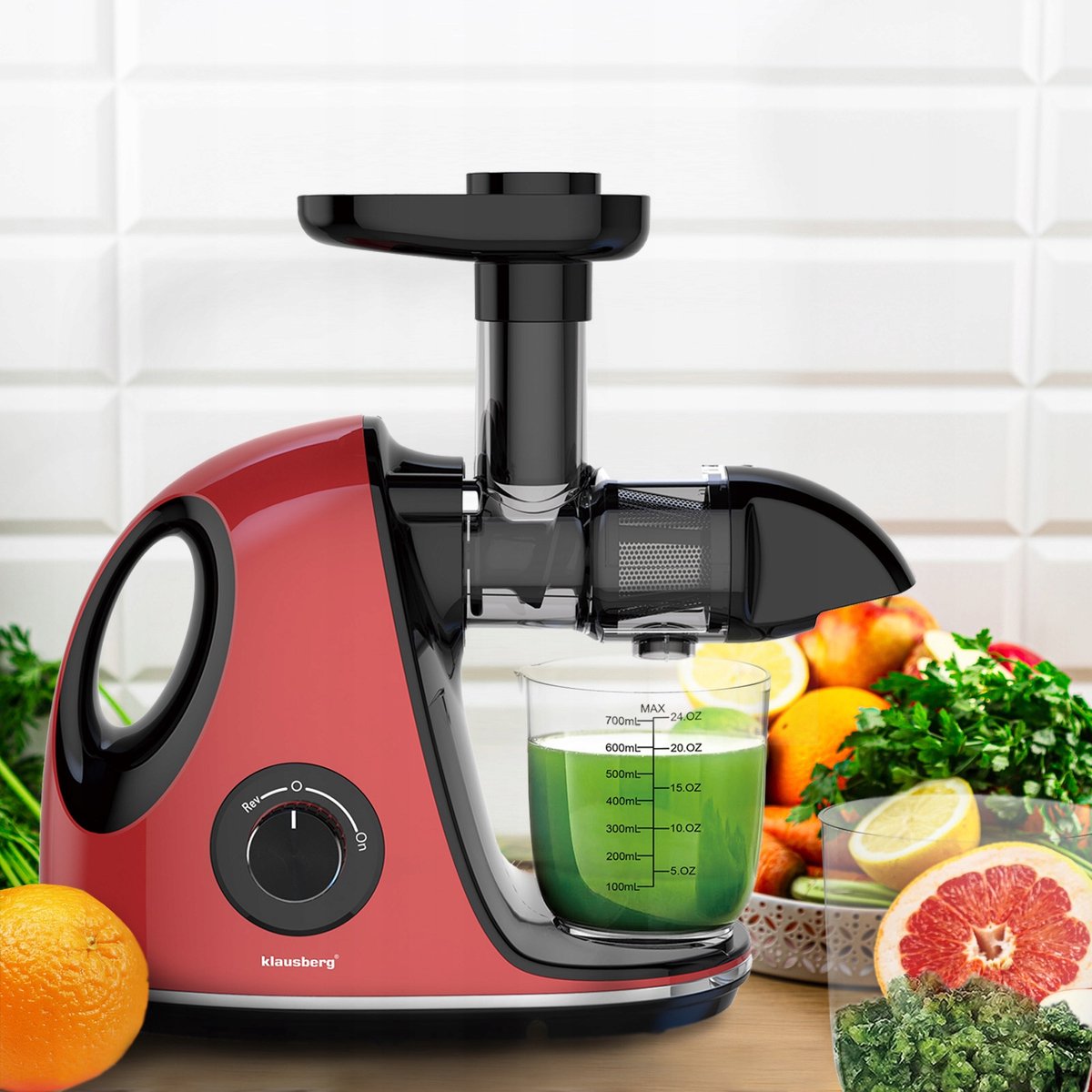 Klausberg Slow Juicer KB-7865 met pulpreservoir – 150W | Stille Juicer voor Groente, Fruit & Kruiden – BPA-vrij – Kersenrood - 700ml