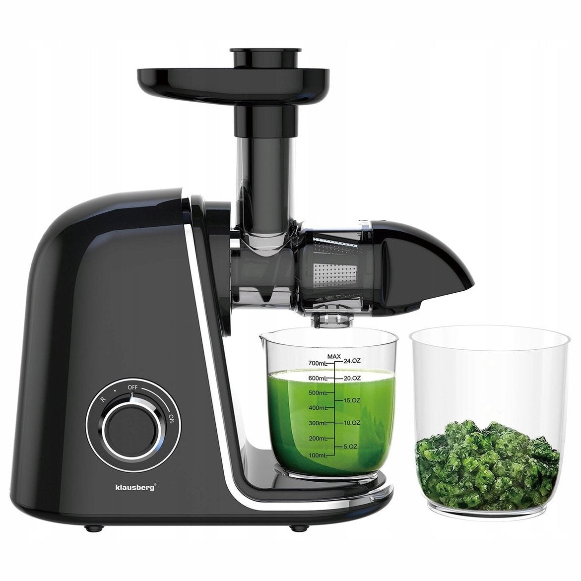 Klausberg Slow Juicer KB-7866 – 150W | Cold Press | Stille Juicer - Groenten en Fruitpers – Met Pulpreservoir - Zwart met Zilveren Accenten