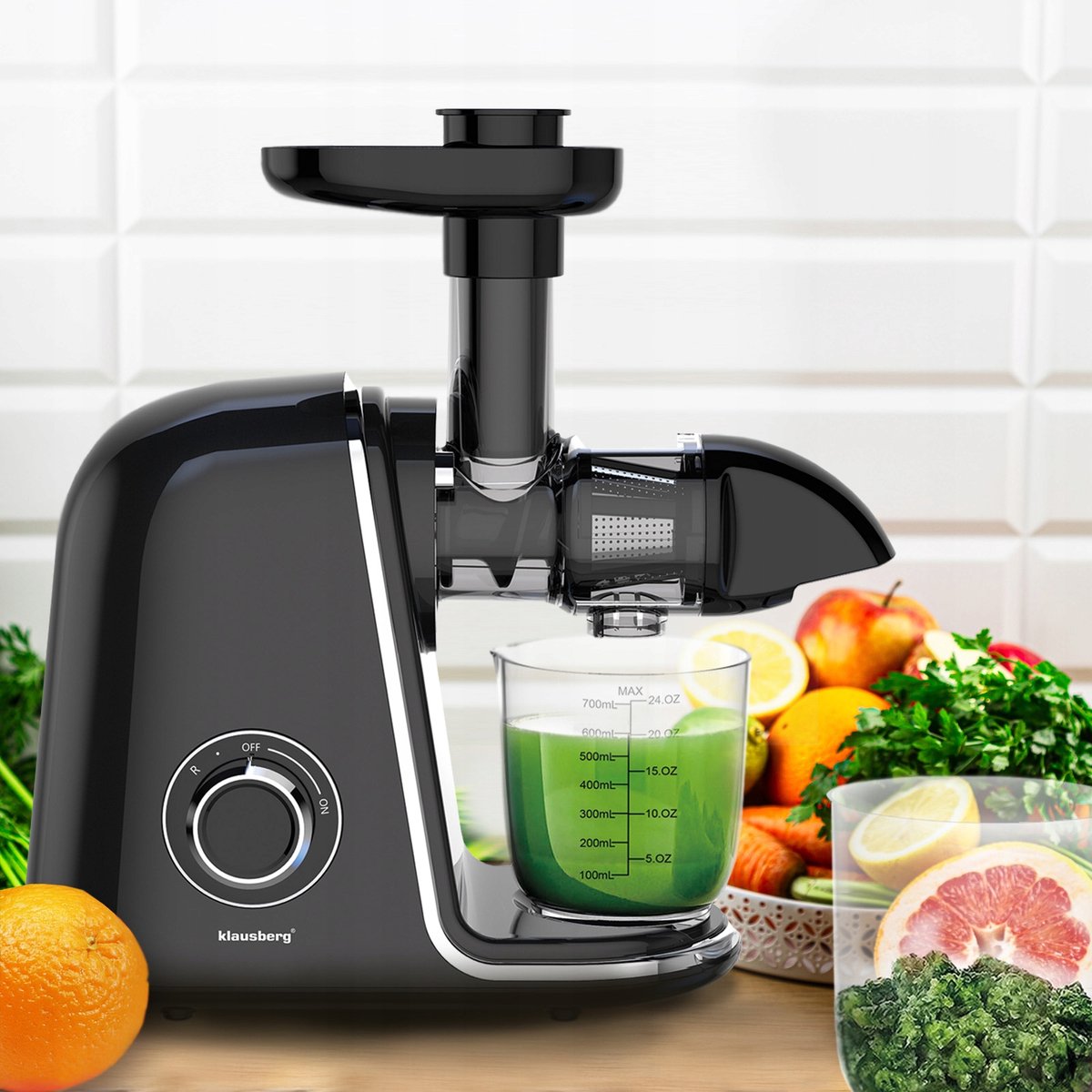 Klausberg Slow Juicer KB-7866 – 150W | Cold Press | Stille Juicer - Groenten en Fruitpers – Met Pulpreservoir - Zwart met Zilveren Accenten