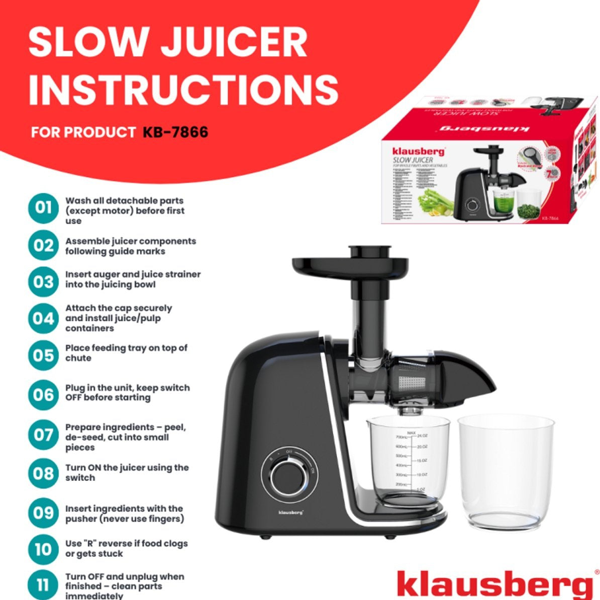 Klausberg Slow Juicer KB-7866 – 150W | Cold Press | Stille Juicer - Groenten en Fruitpers – Met Pulpreservoir - Zwart met Zilveren Accenten