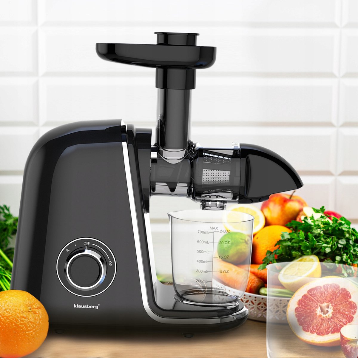 Klausberg Slow Juicer KB-7866 – 150W | Cold Press | Stille Juicer - Groenten en Fruitpers – Met Pulpreservoir - Zwart met Zilveren Accenten