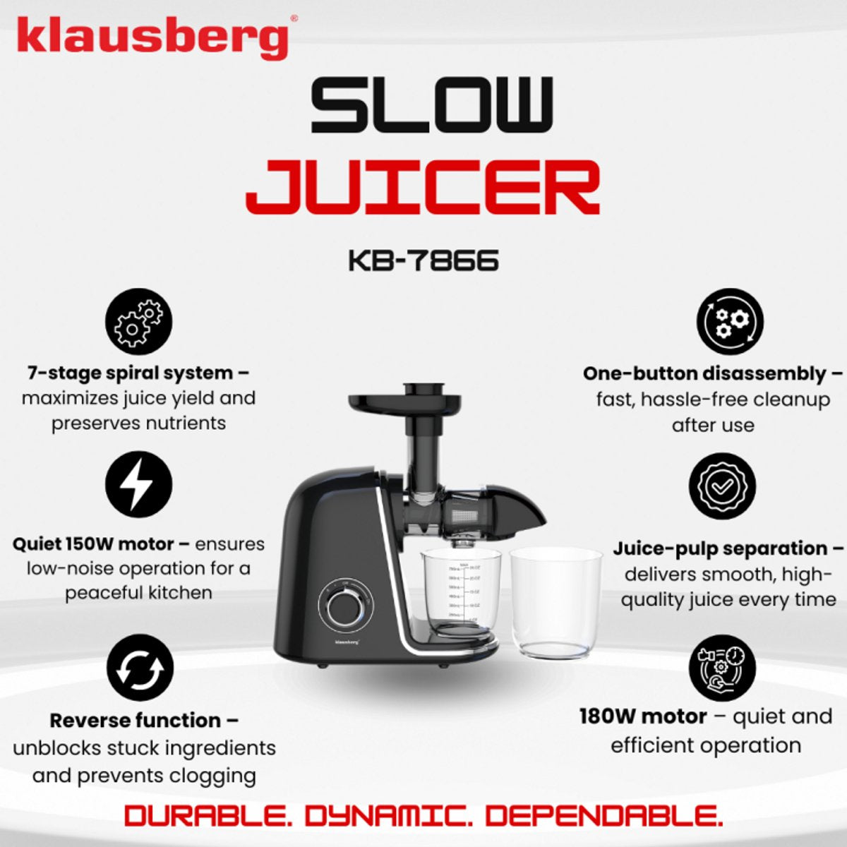 Klausberg Slow Juicer KB-7866 – 150W | Cold Press | Stille Juicer - Groenten en Fruitpers – Met Pulpreservoir - Zwart met Zilveren Accenten