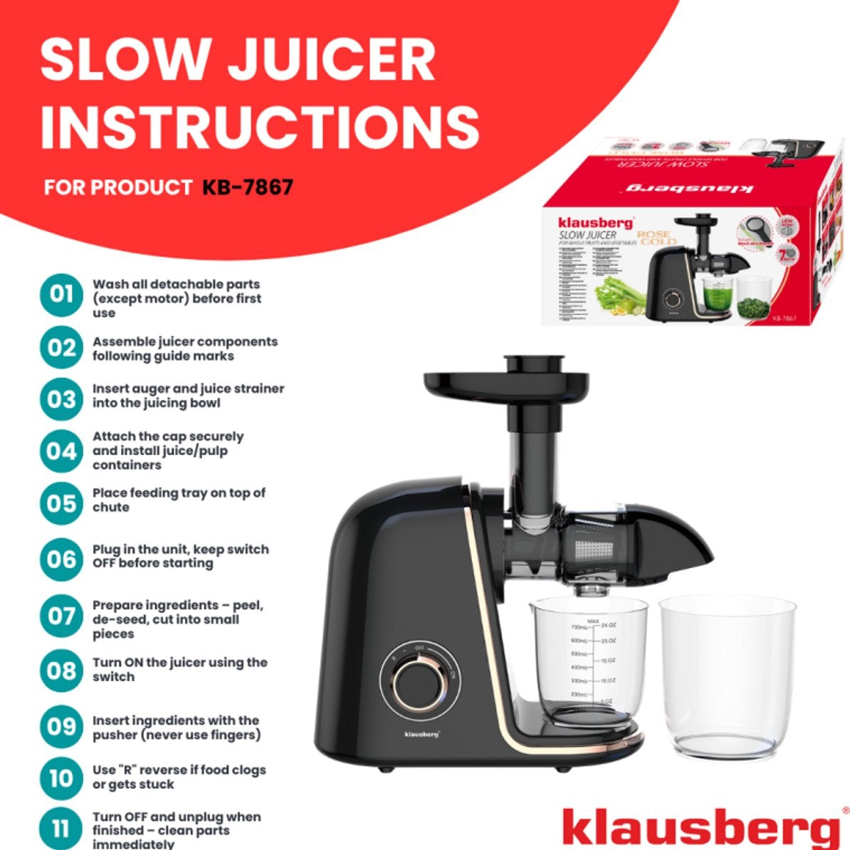 Klausberg Slow Juicer KB-7867 – 150W | 700 ml | Cold Press | Groenten en Fruitpers – Roségouden Accenten | Luxe Design & Hoog Saprendement