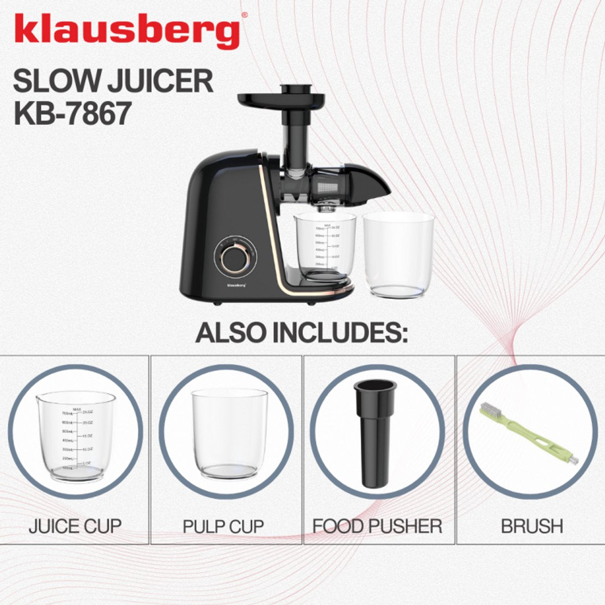Klausberg Slow Juicer KB-7867 – 150W | 700 ml | Cold Press | Groenten en Fruitpers – Roségouden Accenten | Luxe Design & Hoog Saprendement
