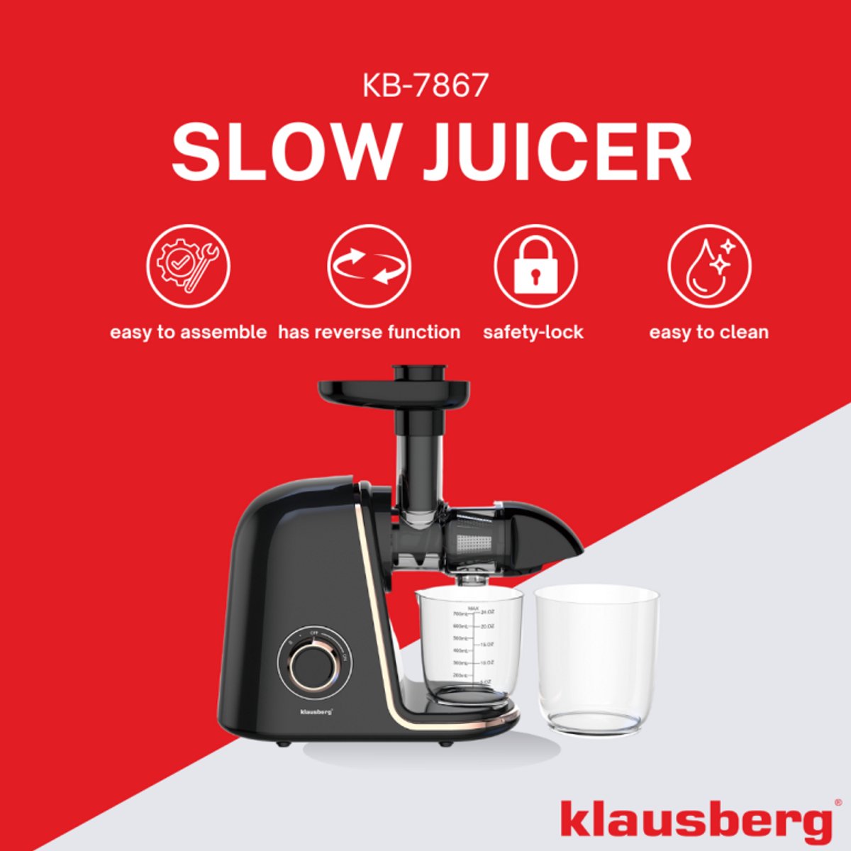 Klausberg Slow Juicer KB-7867 – 150W | 700 ml | Cold Press | Groenten en Fruitpers – Roségouden Accenten | Luxe Design & Hoog Saprendement